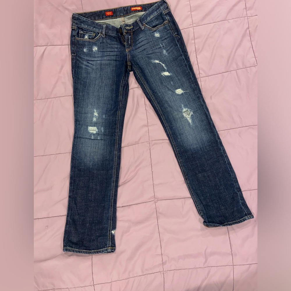 Express Dark Blue Distressed Straight Leg Jeans